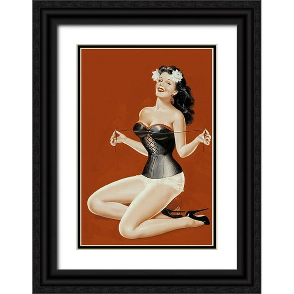Driben, Peter 23x32 Black Ornate Wood Framed with Double Matting Museum Art Print Titled - Mid-Century Pin-Ups - Lacing her bra