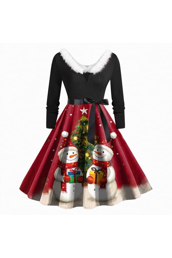 Christmas Dress Plus Size Womens Christmas Dresses Plush V Neck Cute Printed Dress Long Sleeve Vintage 1950S Party Dresses Red,M