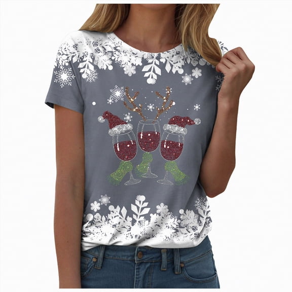 Drie Christmas Fall Outfits for Women 2025 Womens Graphic Tees Short Sleeve Summer Tops Funny Print Crew Neck Casual Loose Cute T Shirts Grey,XXL