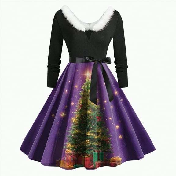 Drie Christmas Formal Dresses for Women Women Plus Size Christmas Cocktail Party Dresses Long Sleeve Furry V-Neck High Low Hem Audrey Hepburn Dress Purple,L