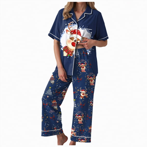 Drie Christmas Pajamas Women Women's Pajama Sets Button Down Loungewear Short Sleeve Sleepwear 2 Piece Pants Pjs Set with Pockets Navy,S