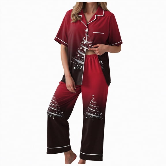 Drie Christmas Pjs for Women Womens Pajama Sets Short Sleeve Lounge Sets for Women Printed Jogger Pajama Set 2 Piece Pj Sets With Pockets Red,S