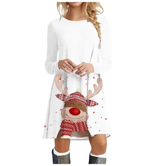 Drie Christmas Sweatshirt Dresses Women's Christmas Deer Printed Sweatshirt Dress Long Sleeve Crewneck Casual ,L
