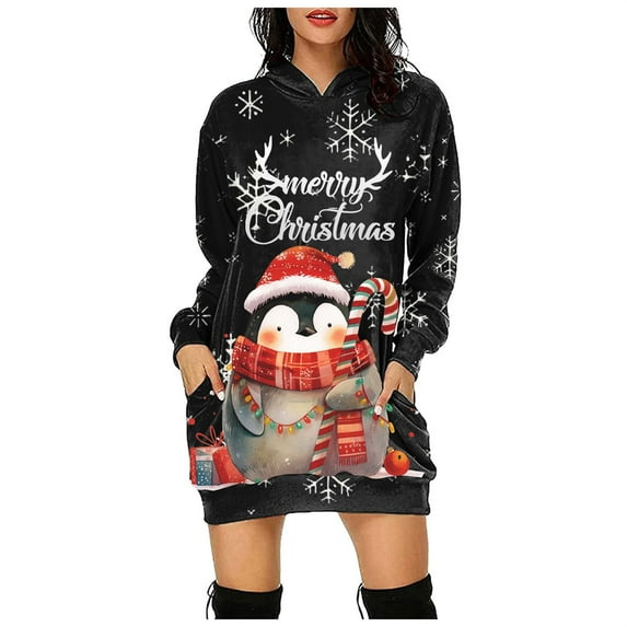 Drie Christmas Sweatshirt Dresses Womens Christmas Xmas Oversize Turtleneck Pullover Sweater Dress with Pockets Black,S