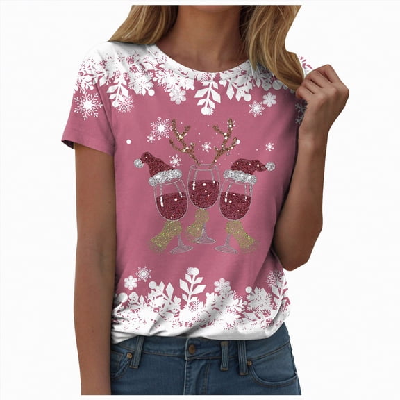 Drie Christmas Womens Clothes Trendy 2025 Womens Tops Shorts Sleeve Shirts for Fall Vacation Plus Size Oversized Casual Tee 2025 Pink,M