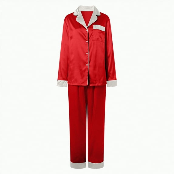 Drie Couples Pajamas Family Matching Christmas Pajamas Satin Silk Pajama Set for Family Button Down Pajamas Women Solid Sleepwear Red,XL