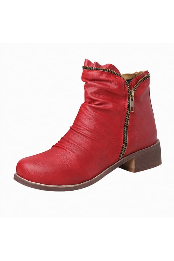 Fall Shoes for Women 2025 Women's Mid Calf Boots,Round Toe Comfort Low Heel Slouchy Dress Booties with Buckle Strap Side Zipper Red,9.5