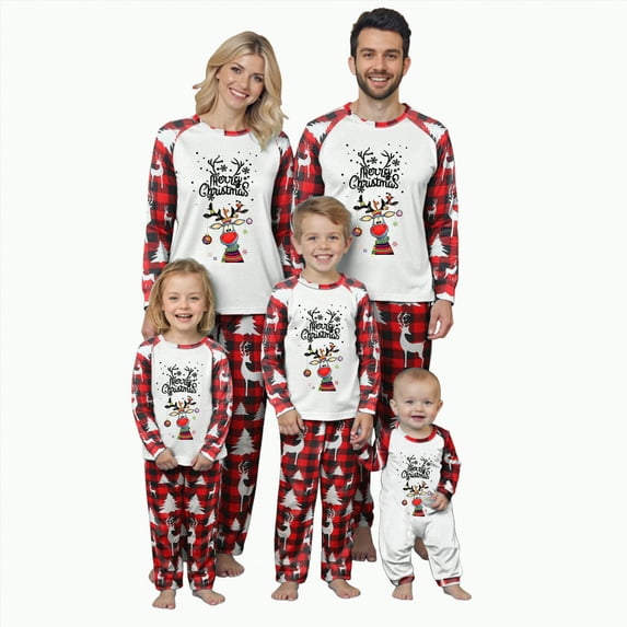 Drie Family Matching Christmas Pajamas Set Nightclothes, Long Sleeve Round Neck Elk Print Tops Trousers Suit