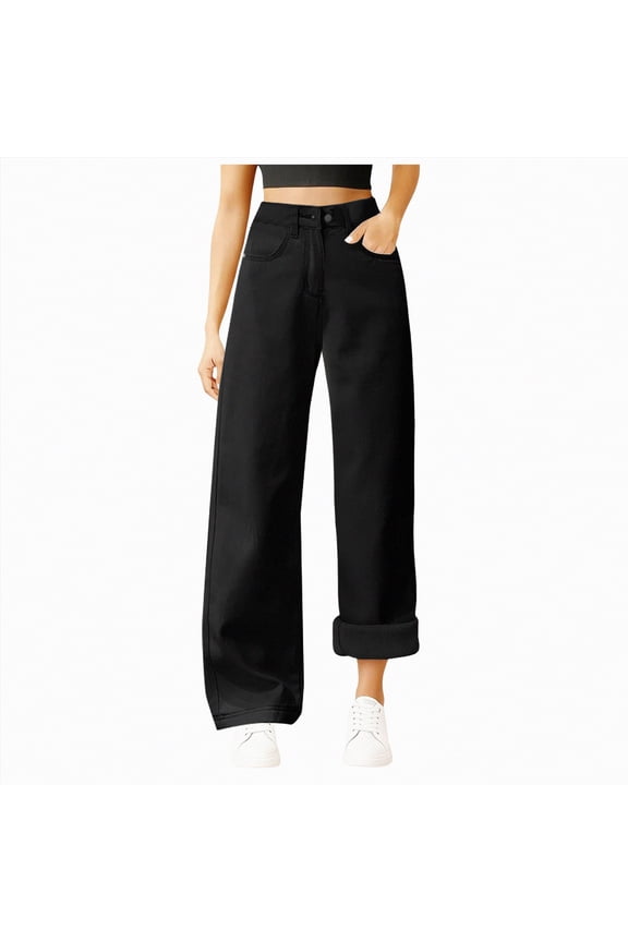 Flannel Lined Pants for Women Women's Fleece Lined Jeans High Waisted Straight Wide Leg Stretchy Winter Jean Cute Boyfriend Y2k Mom Denim Pants Black,S/XS