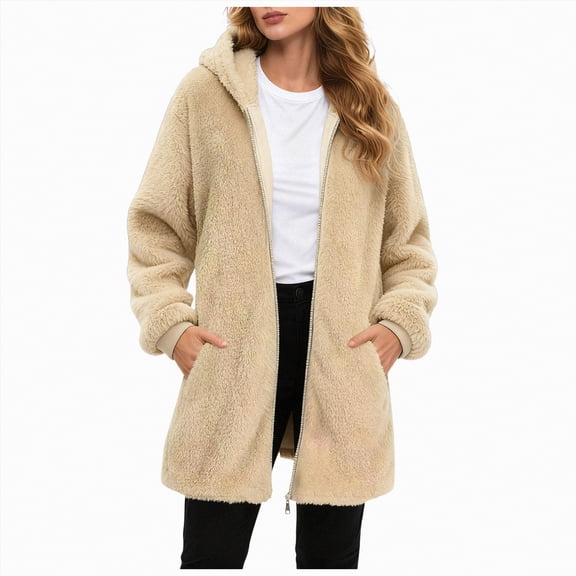 Drie Fleece Jacket Women Full Zip Womens Sherpa Fleece Zip Up Jacket Long Sleeve Warm Fuzzy Teddy Coat Casual Winter Outerwear Soft Cozy Plush Sweatshirt Beige,XL