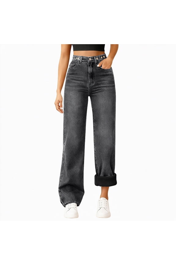 Fleece Jeans Women Women's Fleece Lined Jeans High Waisted Wide Leg Jeans Winter Flannel Fleece Lined Jean Grey,S/XS
