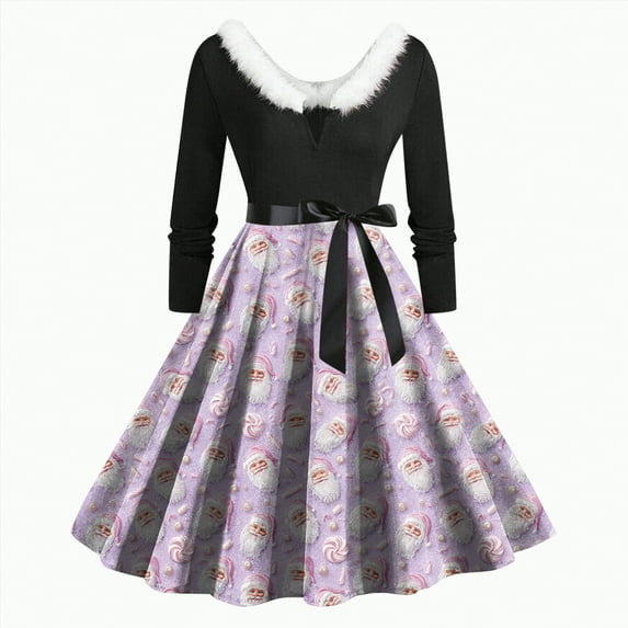 Drie Holiday Dresses for Women Women Plus Size Christmas Party Dresses Long Sleeve V-Neck High Low Hem Audrey Hepburn Dress Purple,XL