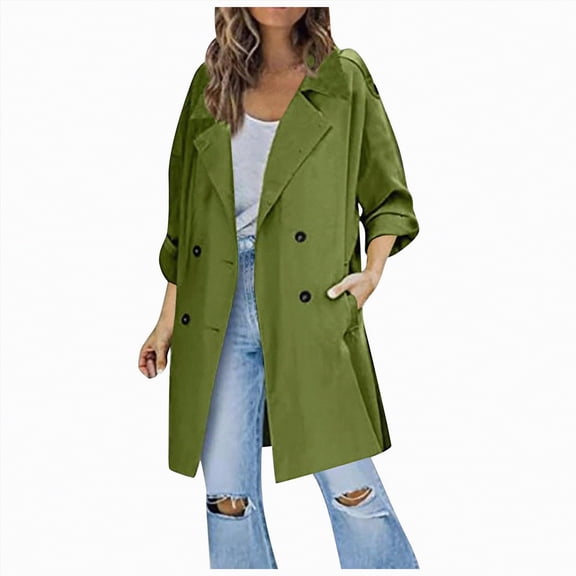Drie Long Jackets for Women Women's Breasted Long Trench Coats Mid-Length Belted Overcoat Dress Jacket with Detachable Hood Green,L