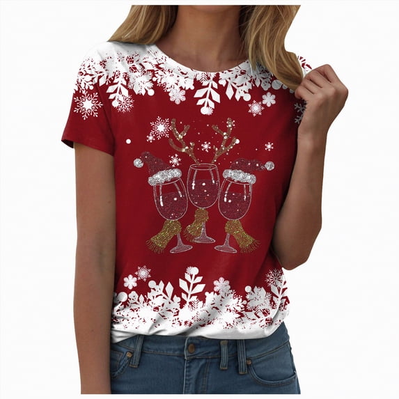 Drie Loose Fit Crewneck Short Sleeve Tops Fall Casual Blouse 2025 Basic Tee Beach Christmas Women's Graphic Tees Red,XL