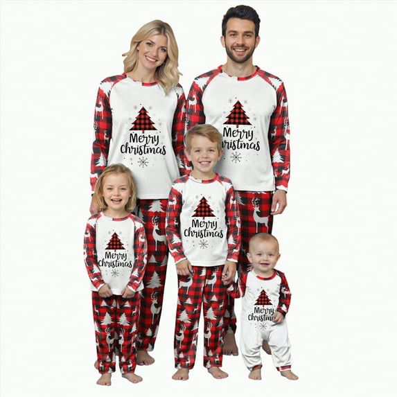 Drie Matching Christmas Pajamas for Family Long Sleeve Xmas Tree Print Tops Plaid Pants Set