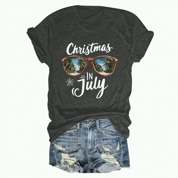 Drie Short Sleeve Casual Tops Trendy Solid Loose Fit Tshirt Christmas Plus Size Graphic Tees for Women Grey,M