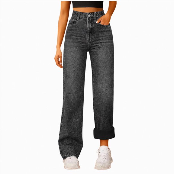 Drie Winter Jeans for Women Women's Fleece Lined Jeans High Waisted Straight Wide Leg Stretchy Winter Jean Cute Boyfriend Y2k Mom Denim Pants Black,L