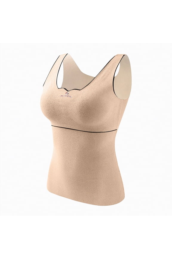 Women'S Underwear Winter Thickened Tank Top with Shelf Bra,Warm Women Fleece Lined Camisole,Sleeveless Thermal Underwear High Stretch Base Vest Beige,L