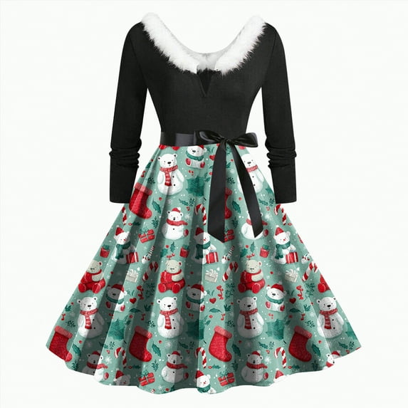 Drie Womens Christmas Dress Christmas Dresses for Women Long Sleeve V Neck Fuzzy Collar Dresses Xmas Snowflake Tree Print Holiday Party Dress Mint Green,M