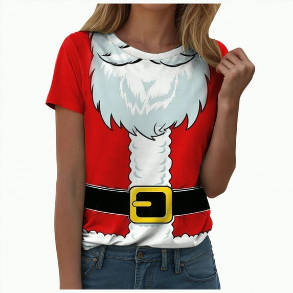 Drie Womens Graphic Tees Short Sleeve Summer Tops Funny Print Crew Neck Casual Loose Cute T Shirts Christmas Tshirts Shirts for Women Red,XL