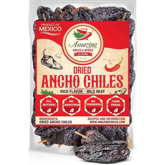 Dried Ancho Chiles Peppers 4 oz Natural and Premium - Mild to Medium Heat, Sweet & Smoky Flavor - Air Tight Resealable Bag