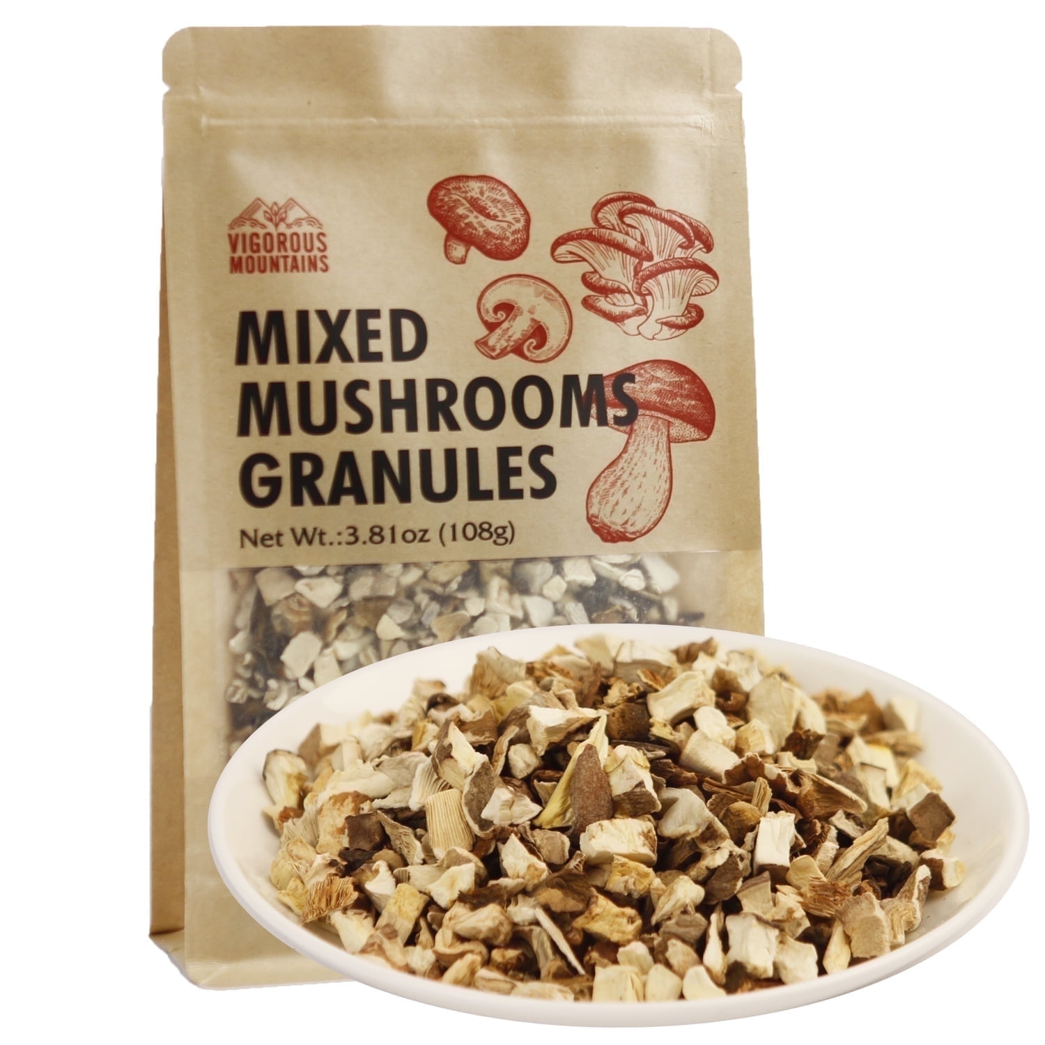 Vigorous Mountains Dried Mushroom Mix Granules 3.8 Oz | Shiitake Champignon Porcini Oyster Blend | Culinary Seasoning | Resealable kraft Bag