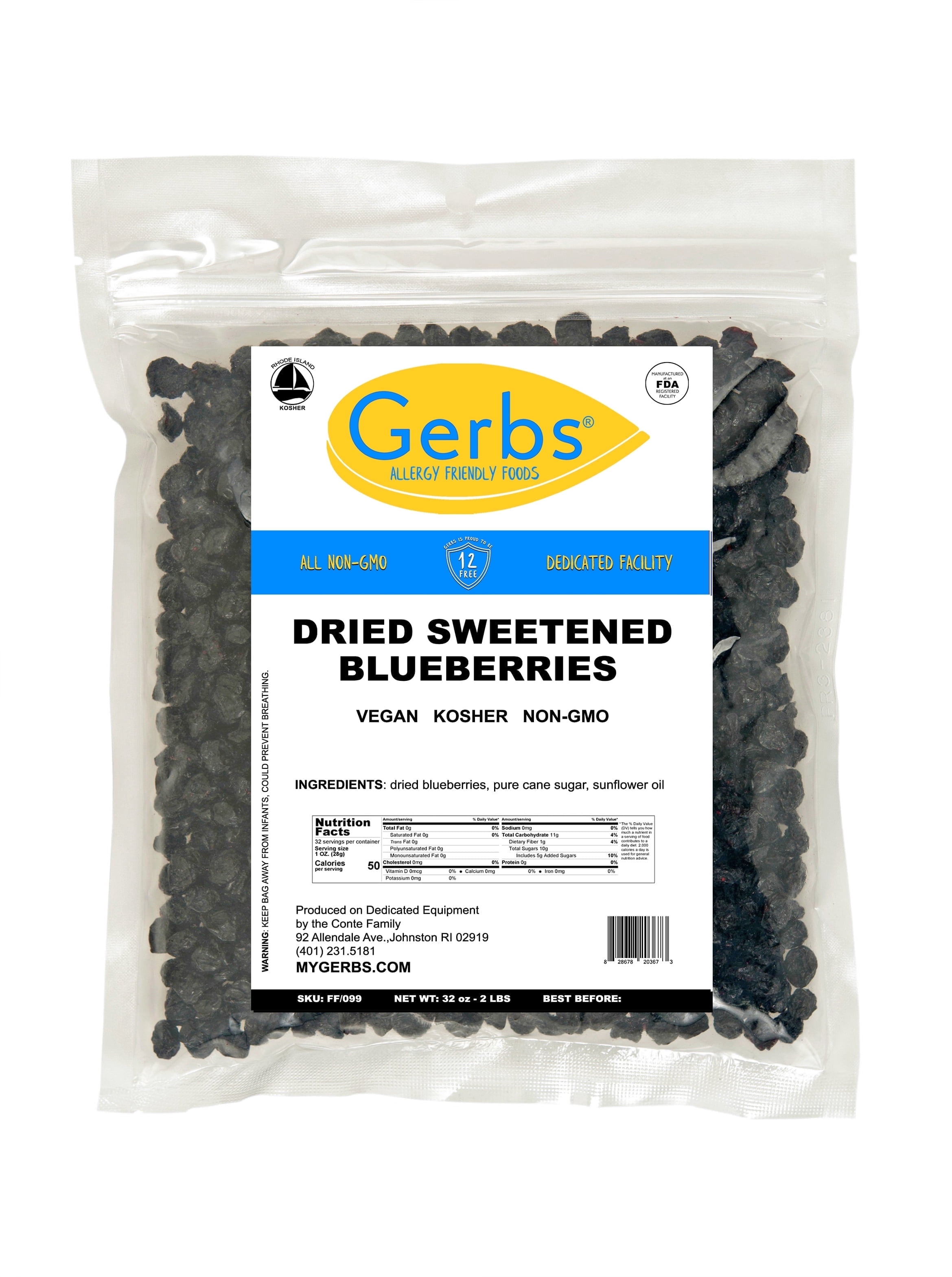 Dried Blueberries by Gerbs - 2 LBS - Sweetened - Unsulfured - Top 14 Food Allergen Free & NON GMO