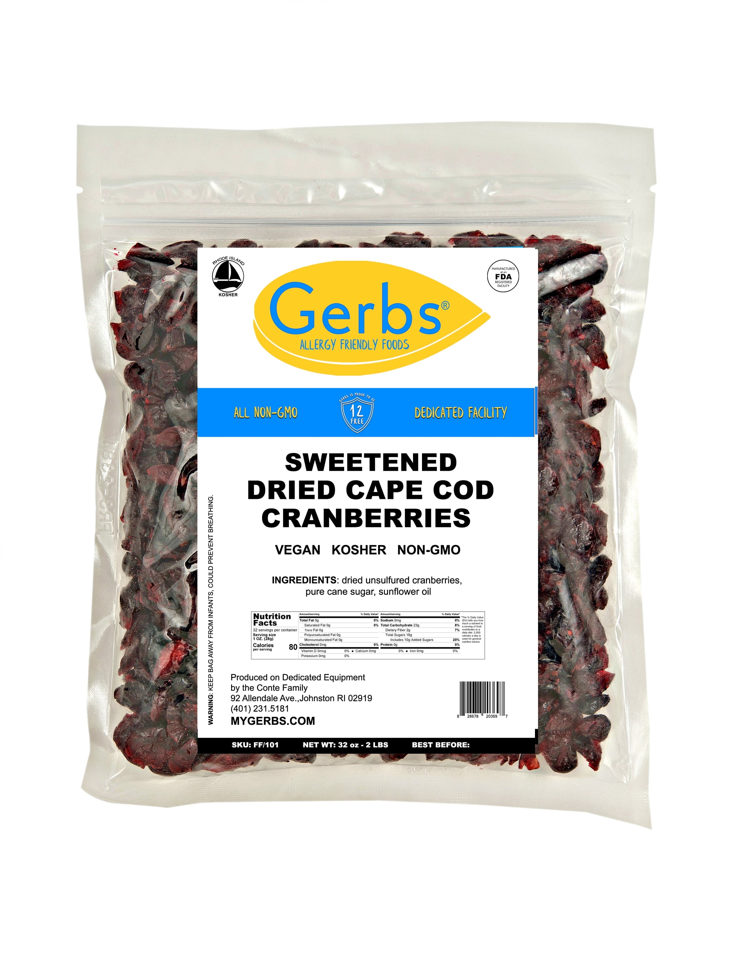 Dried Cape Cod Cranberries by Gerbs - 2 LBS - Sweetened - Unsulfured -Top 14 Food Allergen Free & NON GMO