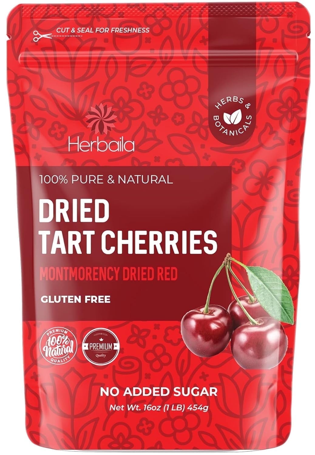 Herbaila Unsweetened Montmorency Dried Cherries, 16 oz  No Added Sugar, Whole Tart Cherries, Non-GMO Snack & Baking Ingredient