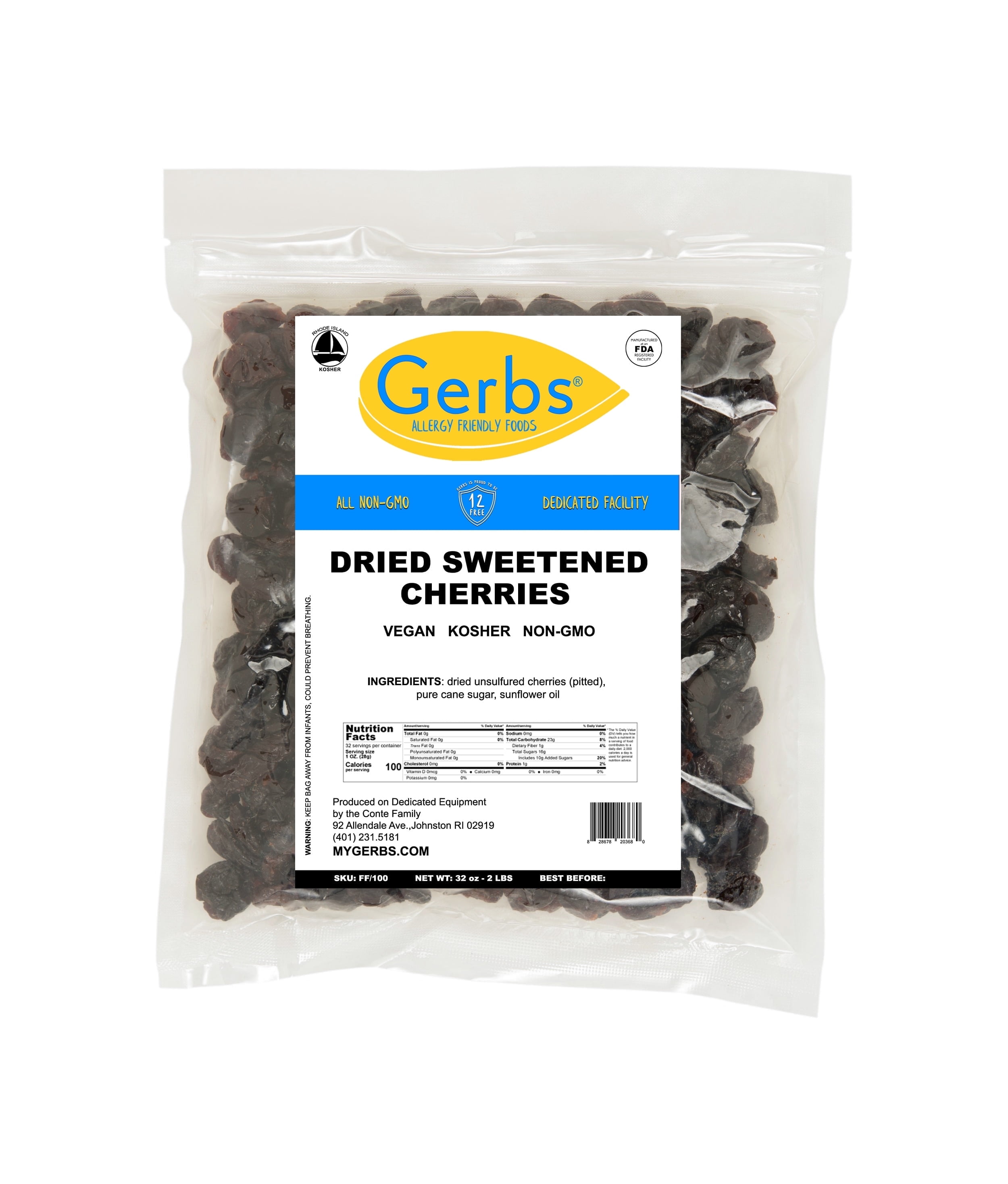 Dried Cherries by Gerbs - 2 LBS - Sweetened - Unsulfured - Top 14 Food Allergen Free & NON GMO