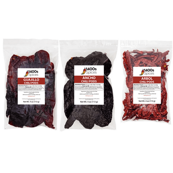 Dried Chiles Peppers 3 Pack Bundle (12 oz Total) - Chile Guajillo Stemless, Chili Ancho, and Arbol S17 by 1400s Spices