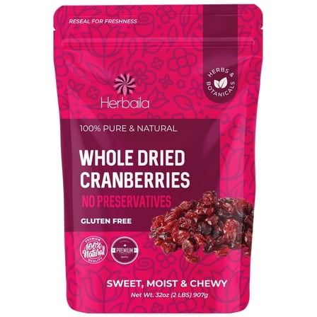 Herbaila Dried Cranberries, 32 oz (2 lb) – Non-GMO, No Preservatives, Resealable Bag