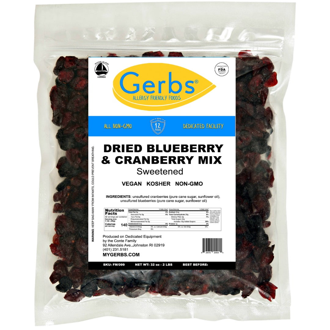 Dried Cranberry & Blueberry Fruit Mix by Gerbs - 2 LBS - Unsulfured- Top 14 Allergen Free & NON GMO