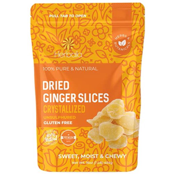 Dried Crystallized Ginger Chunks, 16 Oz. Unsulphured Dried Ginger Candy, Candied Ginger Chunks