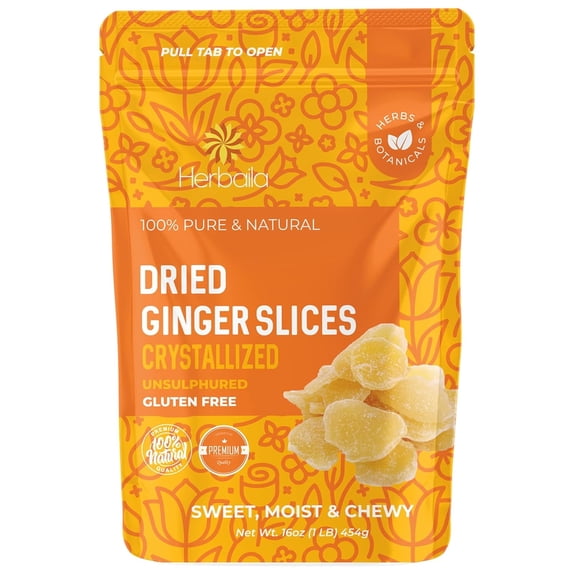 Dried Crystallized Ginger Slices 16 oz. Unsulphured Dried Ginger, Crystalized Ginger Pieces. All Natural, Non-GMO 1LB.
