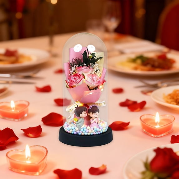 Dried Everlasting Flowers Mini Bouquet Of Roses And Soap Flowers Gift Box With Glass Cover Arrangement Birthday Gift For Girlfriend