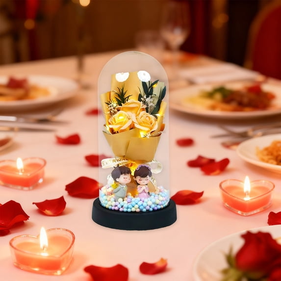 Dried Everlasting Flowers Mini Bouquet Of Roses And Soap Flowers Gift Box With Glass Cover Arrangement Birthday Gift For Girlfriend