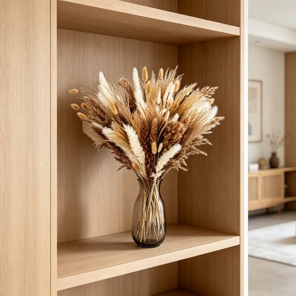 Dried Floral Arrangement,Rigid Inner Stem Maintains Plush Fluffy Plume Shape Without Daily Hydration,Faux Pampas Grass Bundle for Bohemian Home Vase Display and Wedding Table Centerpiece(Beige)