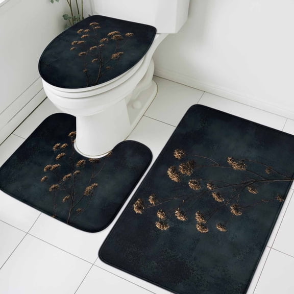 Dried Floral Stems Bathroom Rugs Set Vintage Rustic Black Brown Flower Botanical Non Slip Absorbent Soft Bath Mats 3 Piece Set with Bathroom Rug, U-Shaped Floor Mat, Toilet Seat Cover Large Size