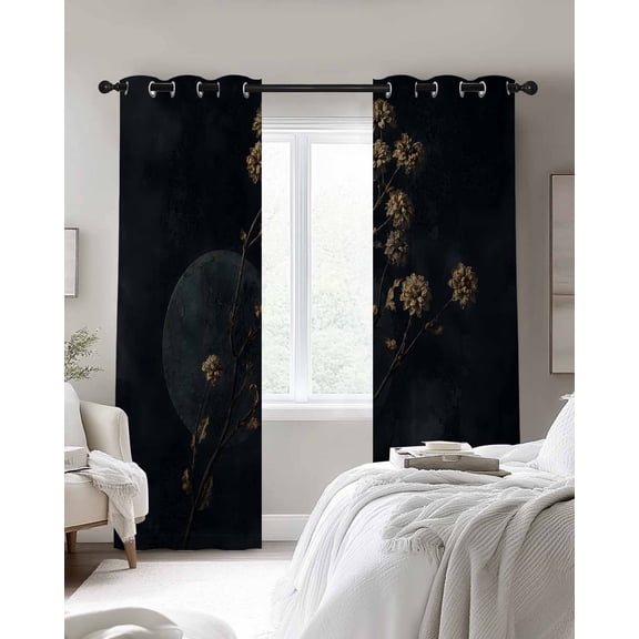 Dried Floral Stems Blackout Curtains 2 Panels, Rustic Vintage Black Brown Flower Full Moon Thermal Insulated Grommet Window Curtains for Bedroom Living Room 42"x45"