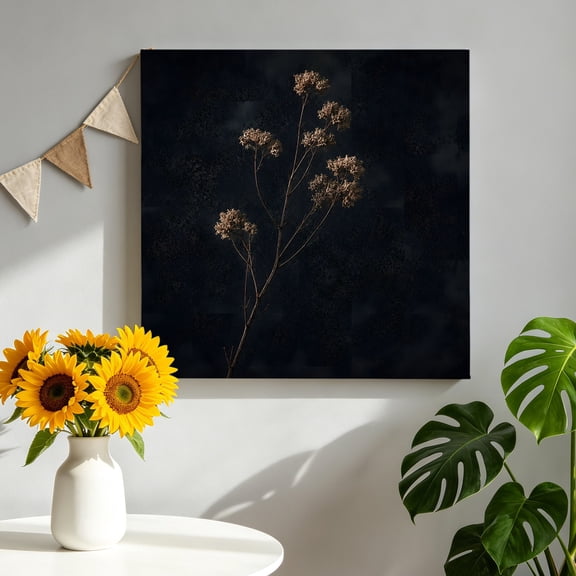 Dried Floral Stems Canvas Wall Art, Rustic Vintage Black Brown Flower Botanical Framed Picture Canvas Wall Art Print Decor Artwork Decorations for Living Room Bedroom Ready to Hang 8" x 8"
