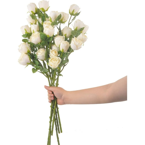 Dried Flower Artificial Rose 6pcs 24 Inch Long Stem Silk Rose with 5 Flowers for Wedding DIY Bridal Bouquet Home Decor Centerpiece Arrangement(White)