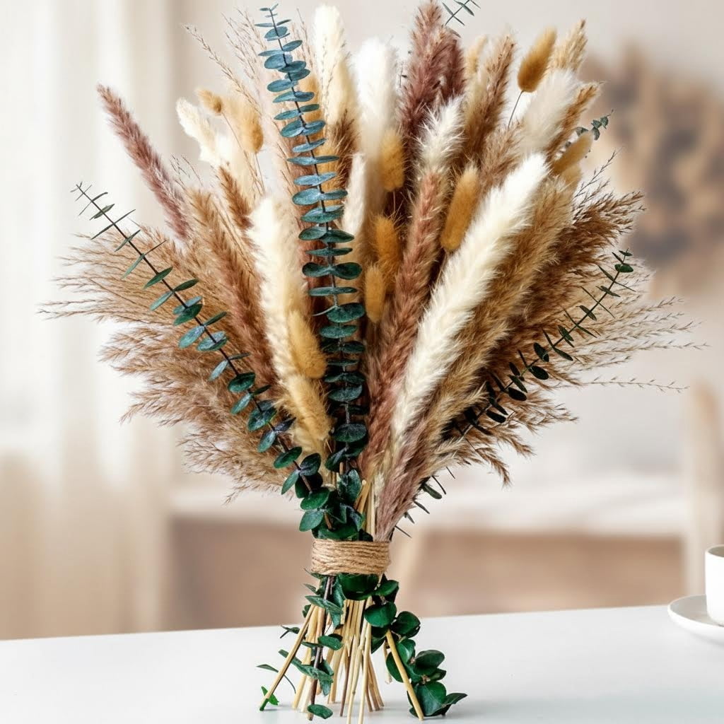Dried Flower Bouquet with Bunny Tail Grass, Pampas Grass, and Eucalyptus - Boho Centerpiece for Tables and Floors, Fall Grass Arrangement and Stylish Olive Green Wall Decor