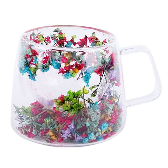 Dried Flower Coffee Mug - Double Walled Glass Cup 200ml, Clear Insulated Tea Mug with Handle - Espresso & Latte Cup for Hot/Cold Drinks, Birthday Gift, Anti- Design
