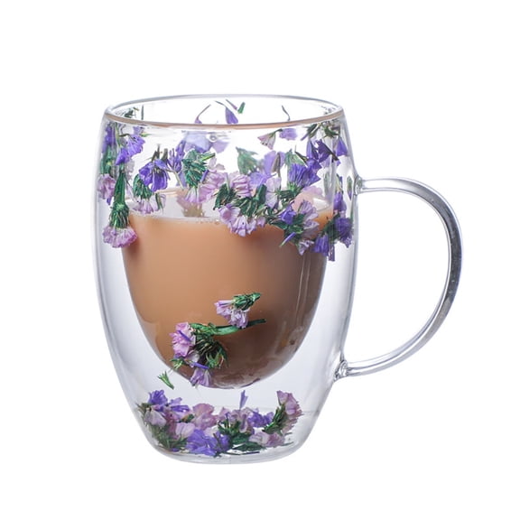 Dried Flower Double Wall Glass Cup, Aesthetic Flowers Coffee Mugs, Cute Insulated Tea Cups with Handle Heat Resistant for Women, Ideal for Birthday Mother's Day Perfect for Wife Mom Friends (purple)