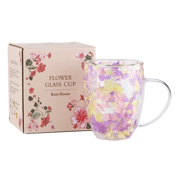 Dried Flower Double Wall Glass Cup, Aesthetic Flowers Coffee Mugs, Cute Insulated Tea Cups with Handle Heat Resistant for Women, Ideal for Birthday Mother's Day, Perfect for Wife Mom Friend (rainbow)