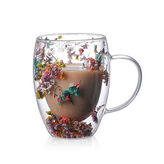 Dried Flower Double Wall Glass Cup, Aesthetic Flowers Coffee Mugs, Cute Insulated Tea Cups with Handle Heat Resistant for Women, Ideal Gift for Birthday Mother's Day Perfect for Wife Mom Friend (mix)