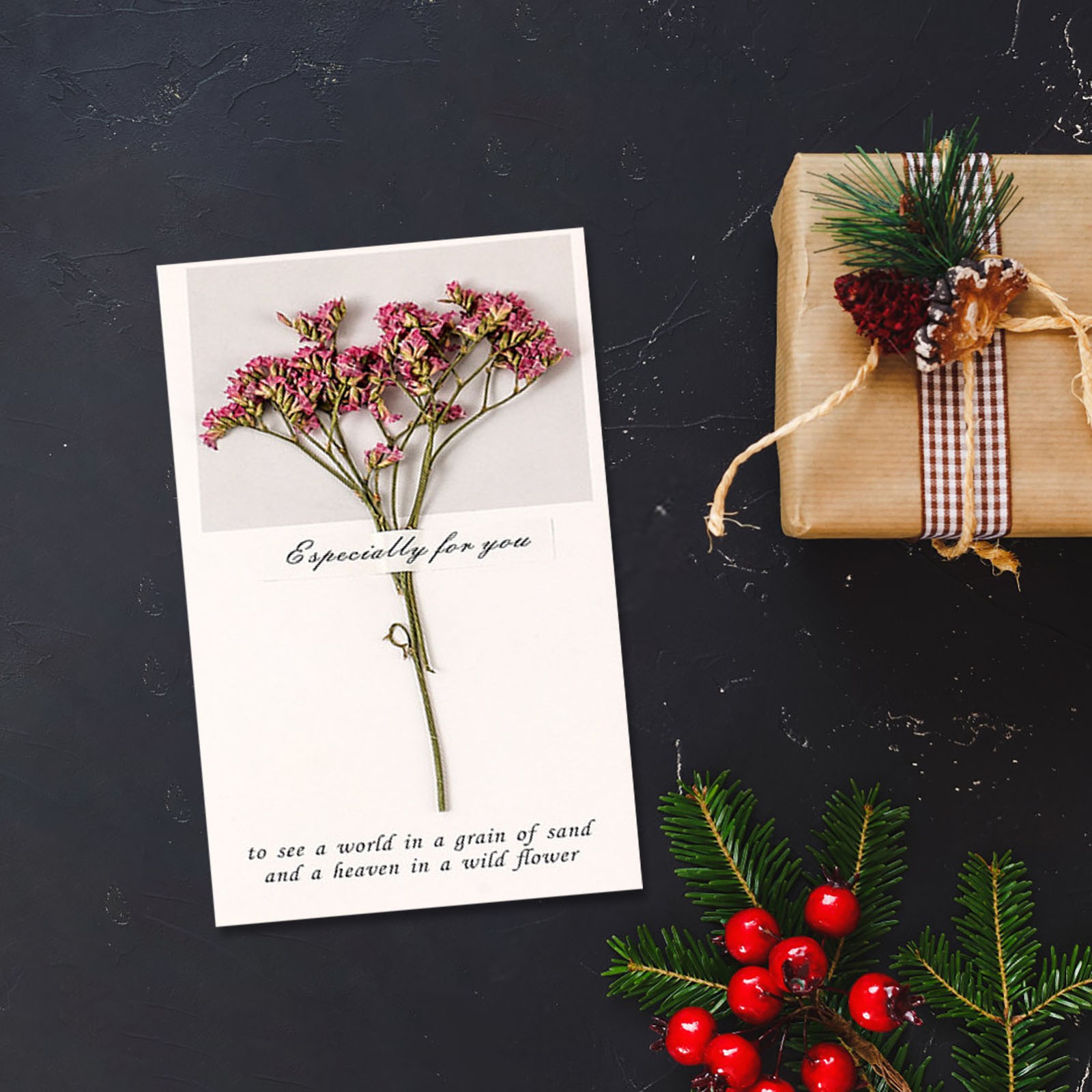 Dried Flower Greetings Card Unique Eco Design Recycled Brown Kraft