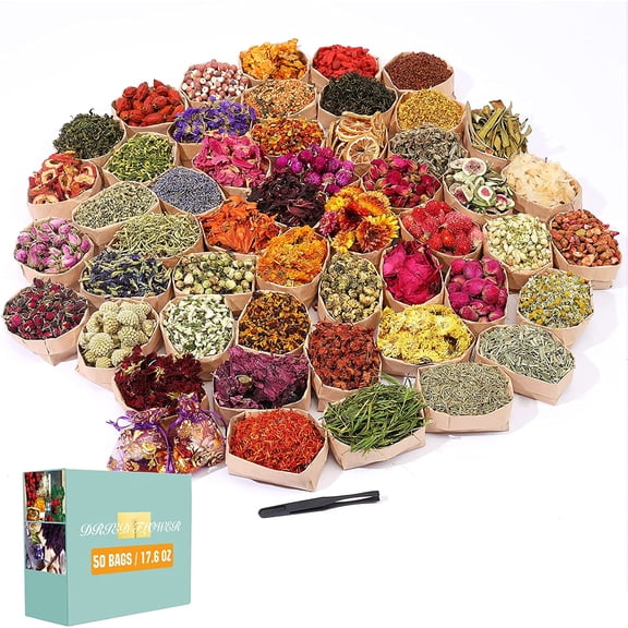 Dried Flowers, 50 Bags 100% Natural Dried Herbs Kit for Soap Making, Candle, Resin Jewelry Making, Bath, Nail - Include Rose Petals, Rosebuds, Lilium, Jasmine, Don't Forget Me and More