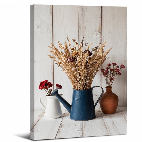 Dried Flowers Canvas Wall Art Framed,Rustic Watering Can Floral Landscape canvas print for bathroom bedroom or living room decor,28x40in